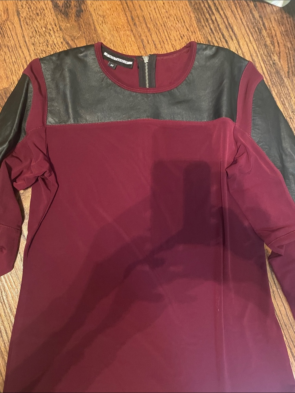 Women's Burgundy Tunic with Black Leather Yoke and side sleeve inserts